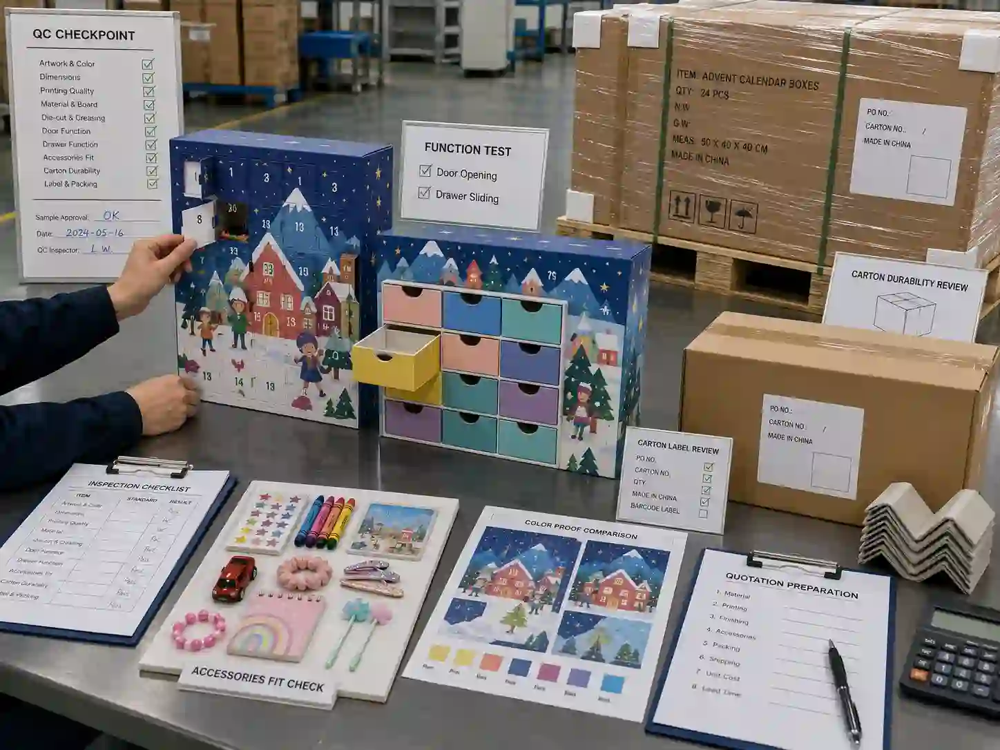 QC and export packing review for kids advent calendar boxes with inspection checklist, cartons, pallet wrap, and quotation documents