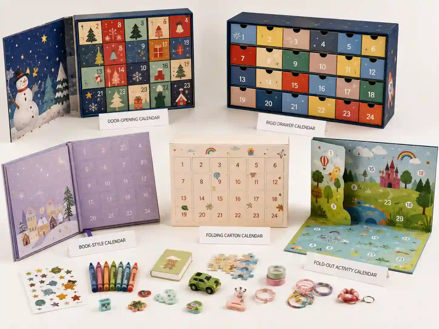 Finished kids gift advent calendar boxes showing door-opening, drawer, folding carton, and fitted insert structures for B2B packaging comparison