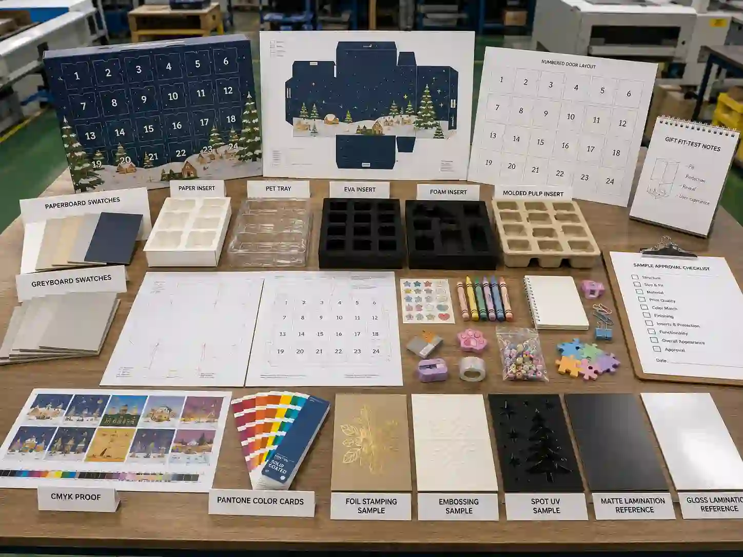 Factory planning table for kids gift advent calendar boxes with dielines, material swatches, insert samples, and printing proof checks