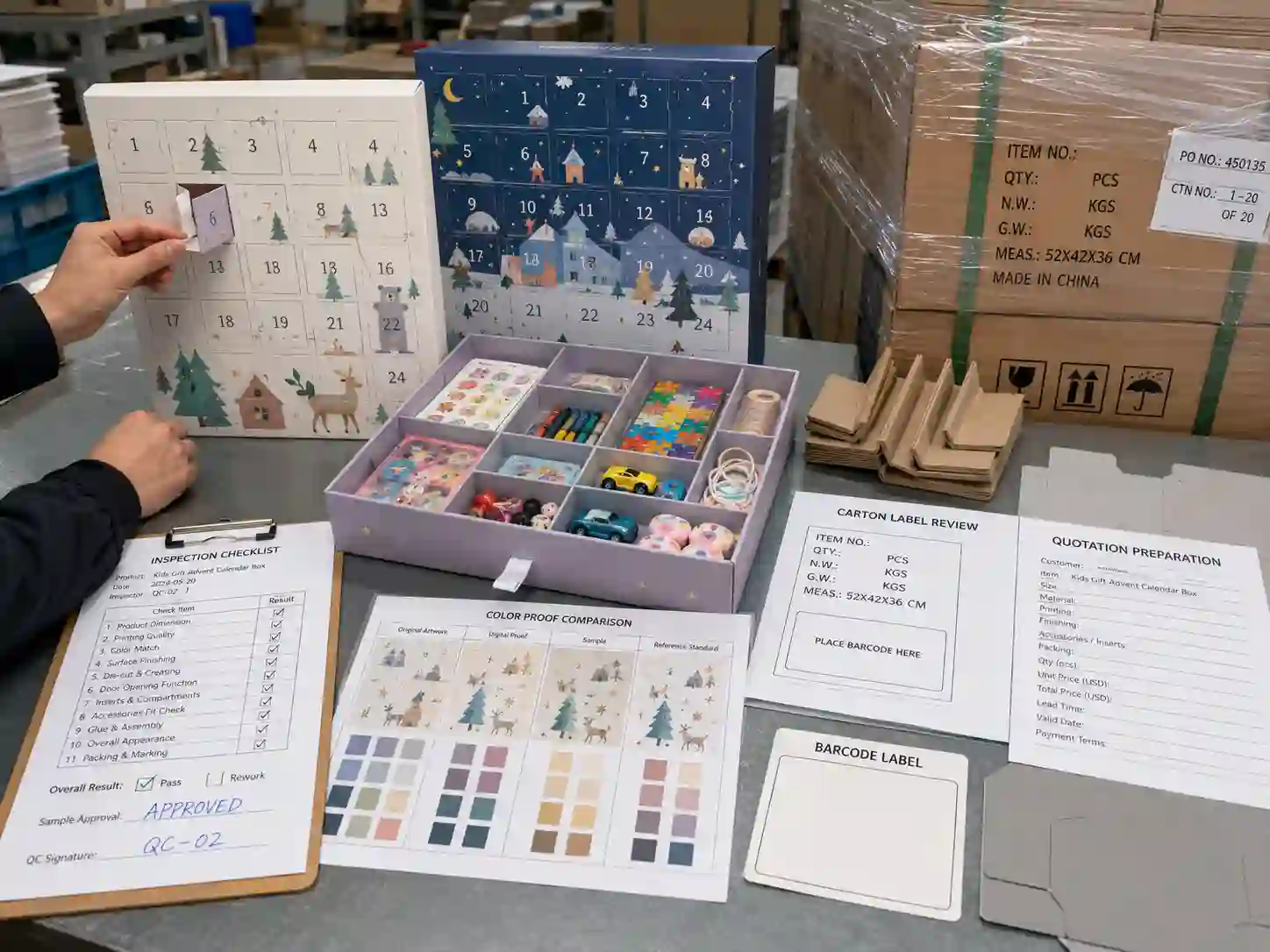 QC and export packing review for kids gift advent calendar boxes with inspection checklist, cartons, pallet wrap, and quotation documents