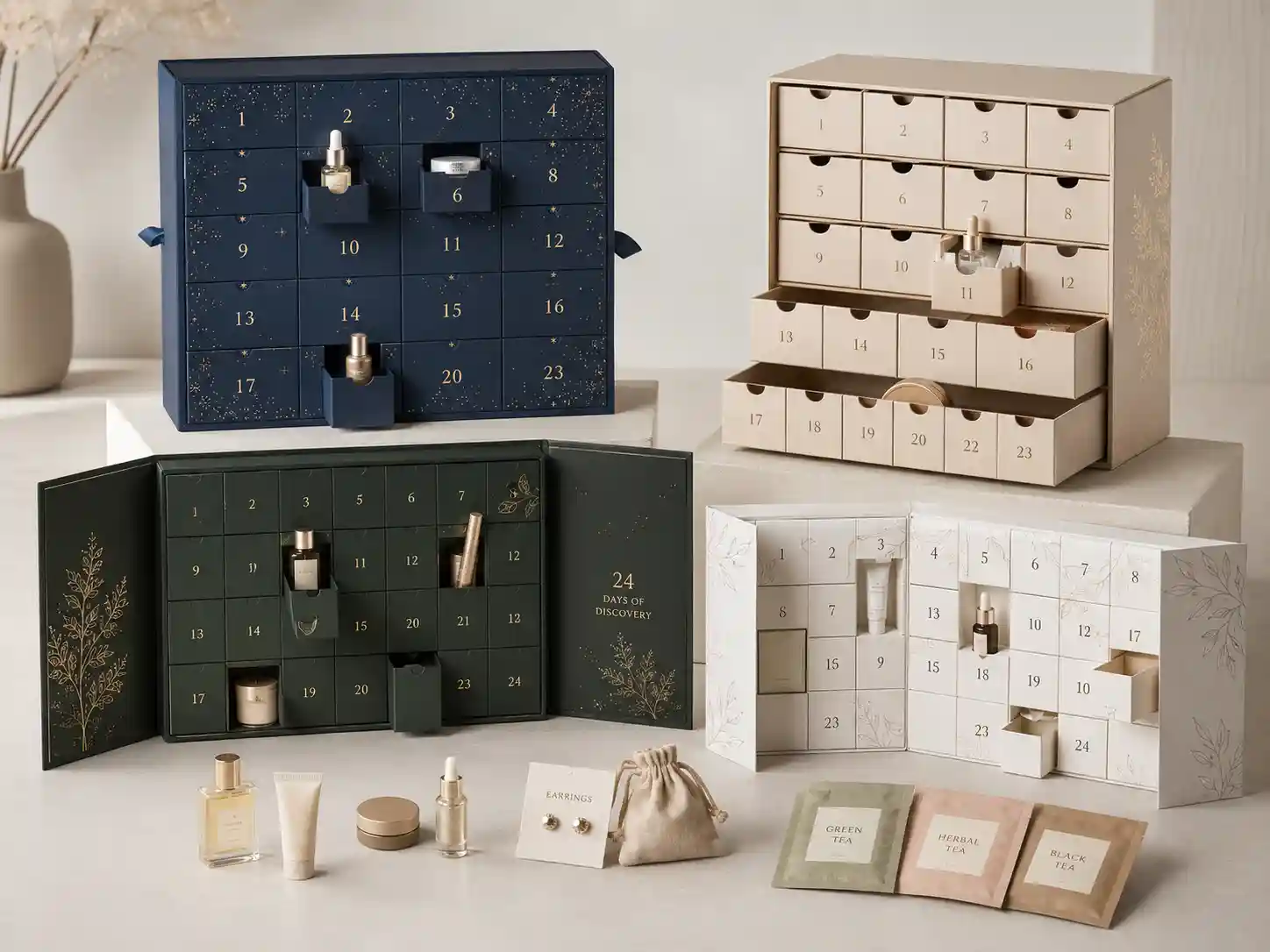 Luxury advent calendar boxes structure comparison with premium rigid, drawer, door-opening, and folding carton packaging samples.