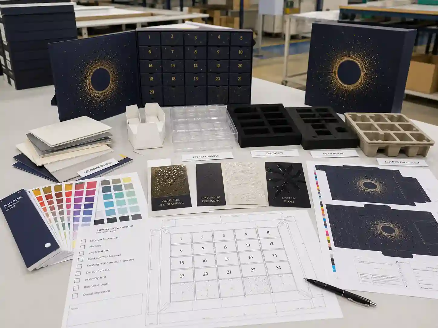 Luxury advent calendar box development table with dielines, materials, inserts, printing proofs, and finishing samples.