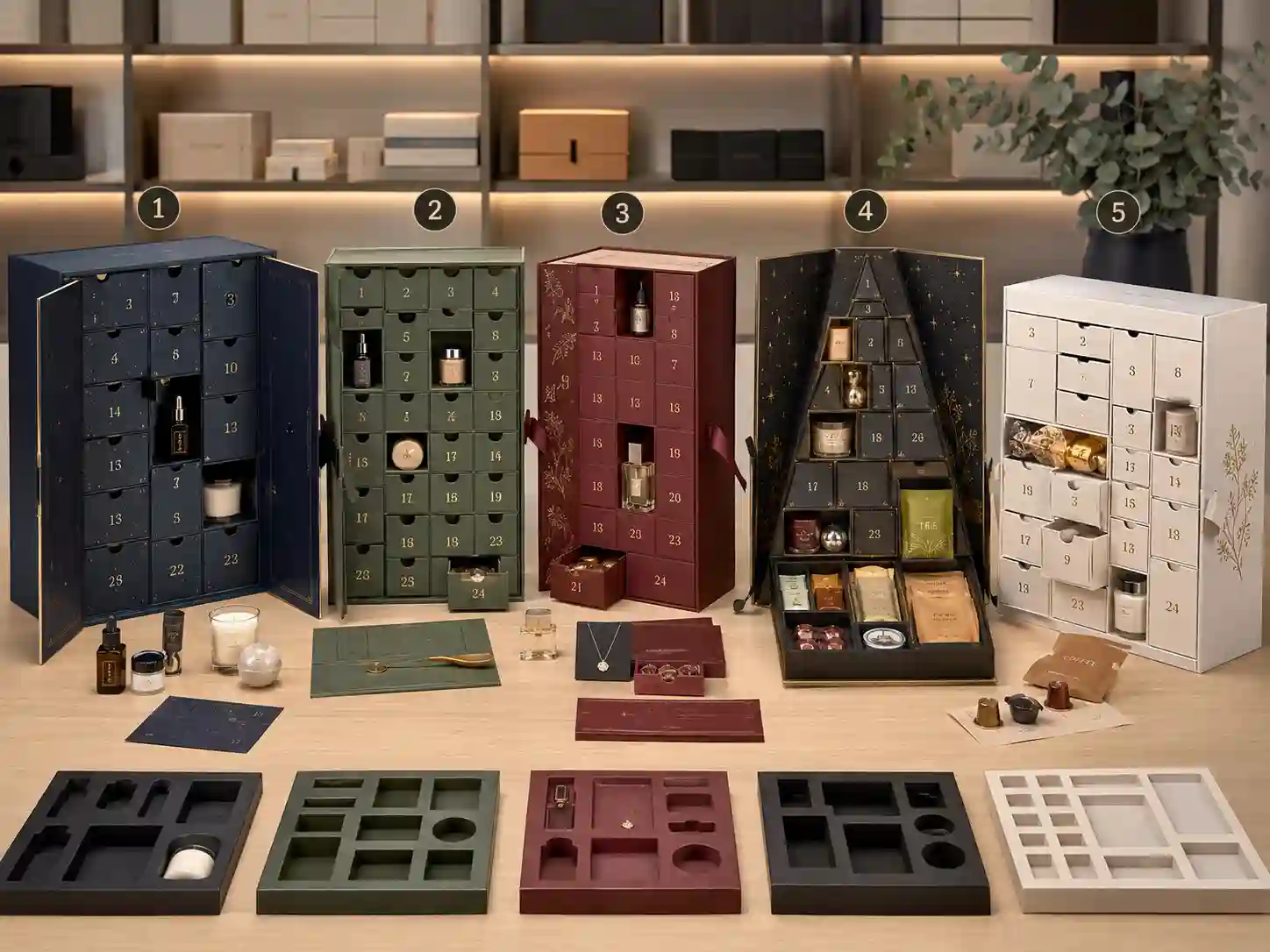 Comparison of rigid, drawer, door-opening, fold-out, and folding carton luxury advent calendar boxes