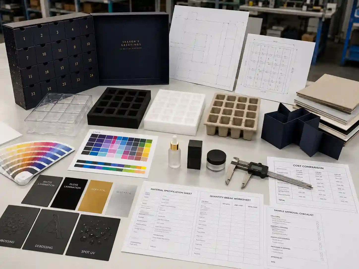 Advent calendar dielines, insert samples, material swatches, print proofs, and cost-planning documents