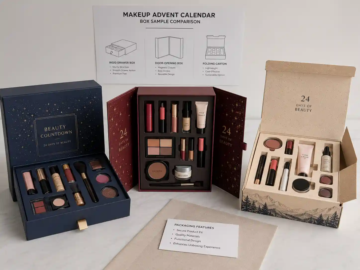 Finished makeup advent calendar box samples with mixed cosmetic products and fitted inserts for B2B packaging comparison