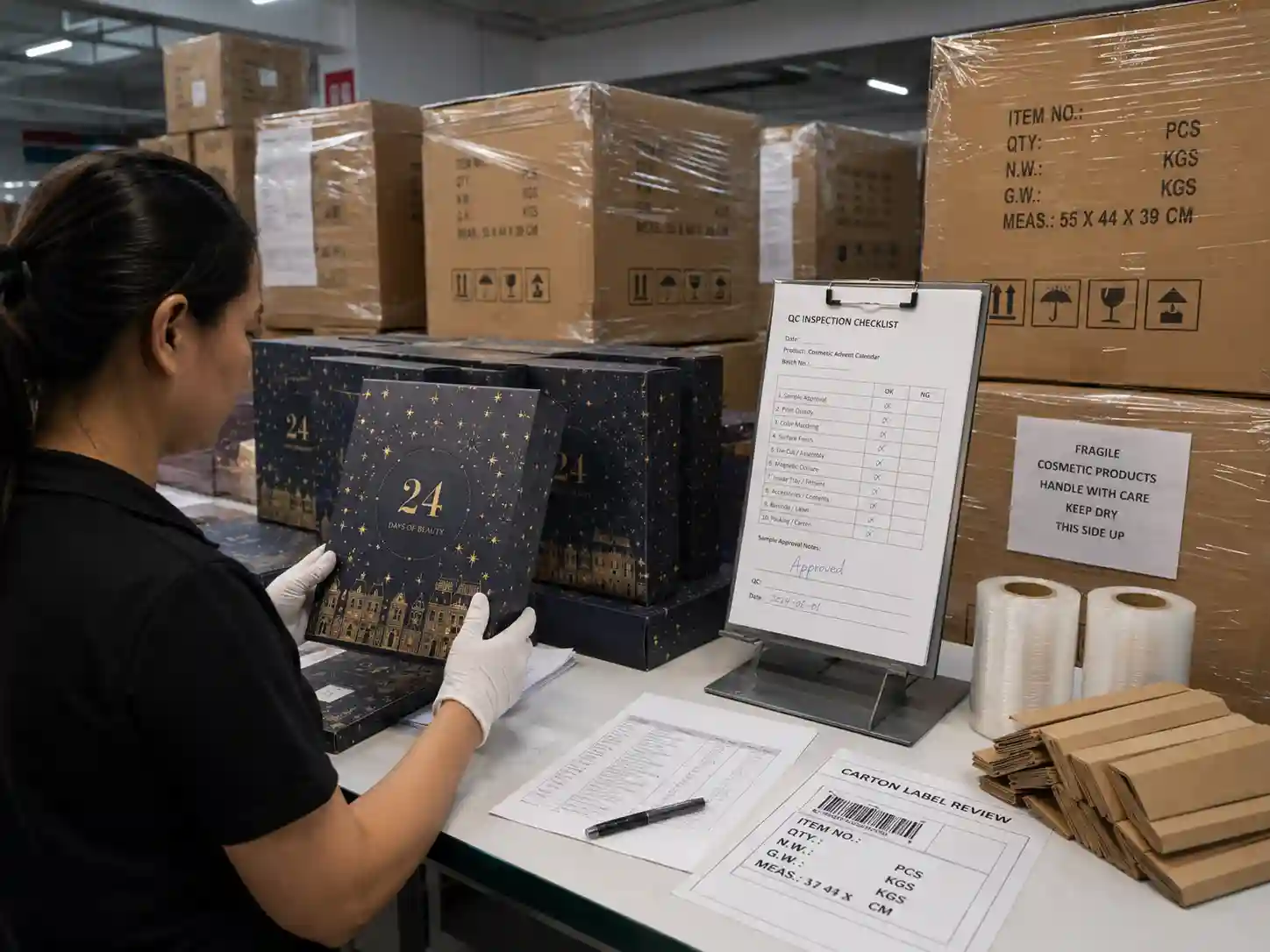 QC and export packing inspection for makeup advent calendar boxes with cartons, pallet wrap, and sample approval notes