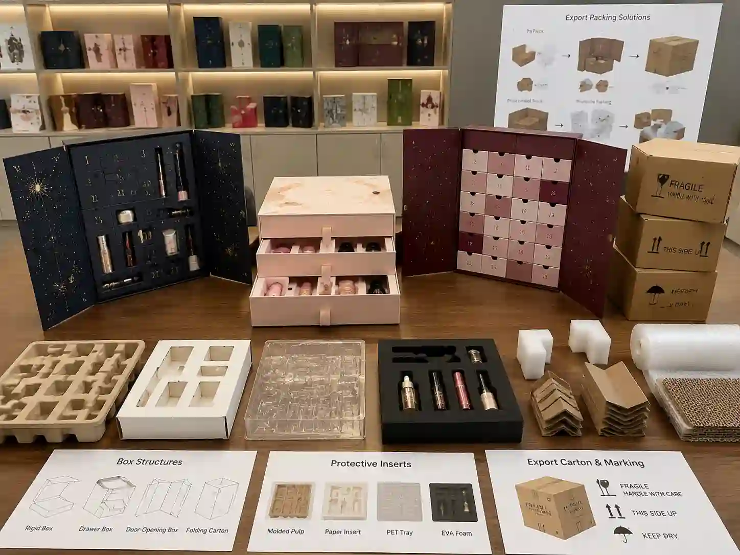 Makeup advent calendar boxes export packing structure comparison with rigid drawer and door-opening packaging samples