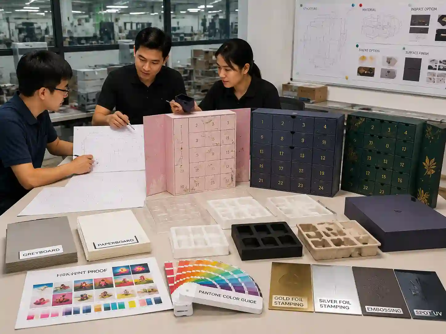 Makeup advent calendar box development with dielines inserts materials printing proofs and prototype review