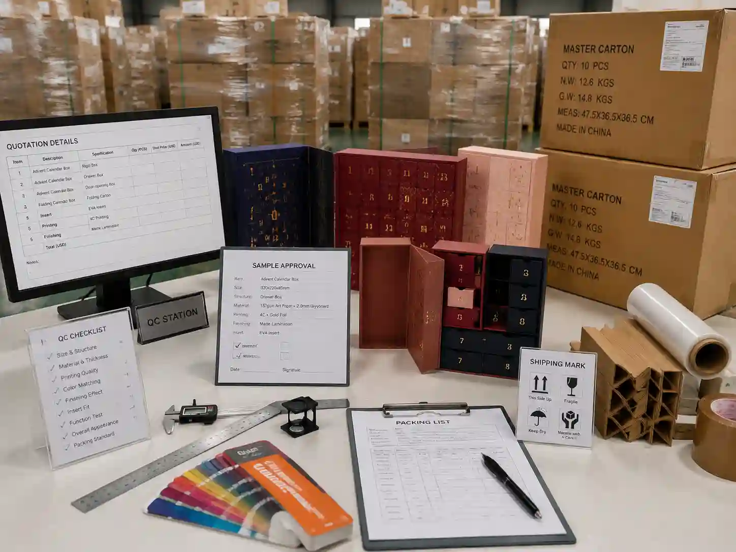 Quality control and export packing preparation for makeup advent calendar boxes with cartons and inspection checklist