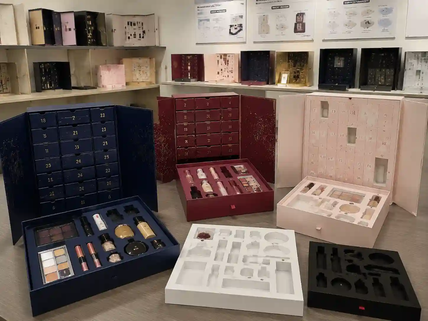 Makeup advent calendar boxes insert design comparison with cosmetic packaging structures and protective inserts