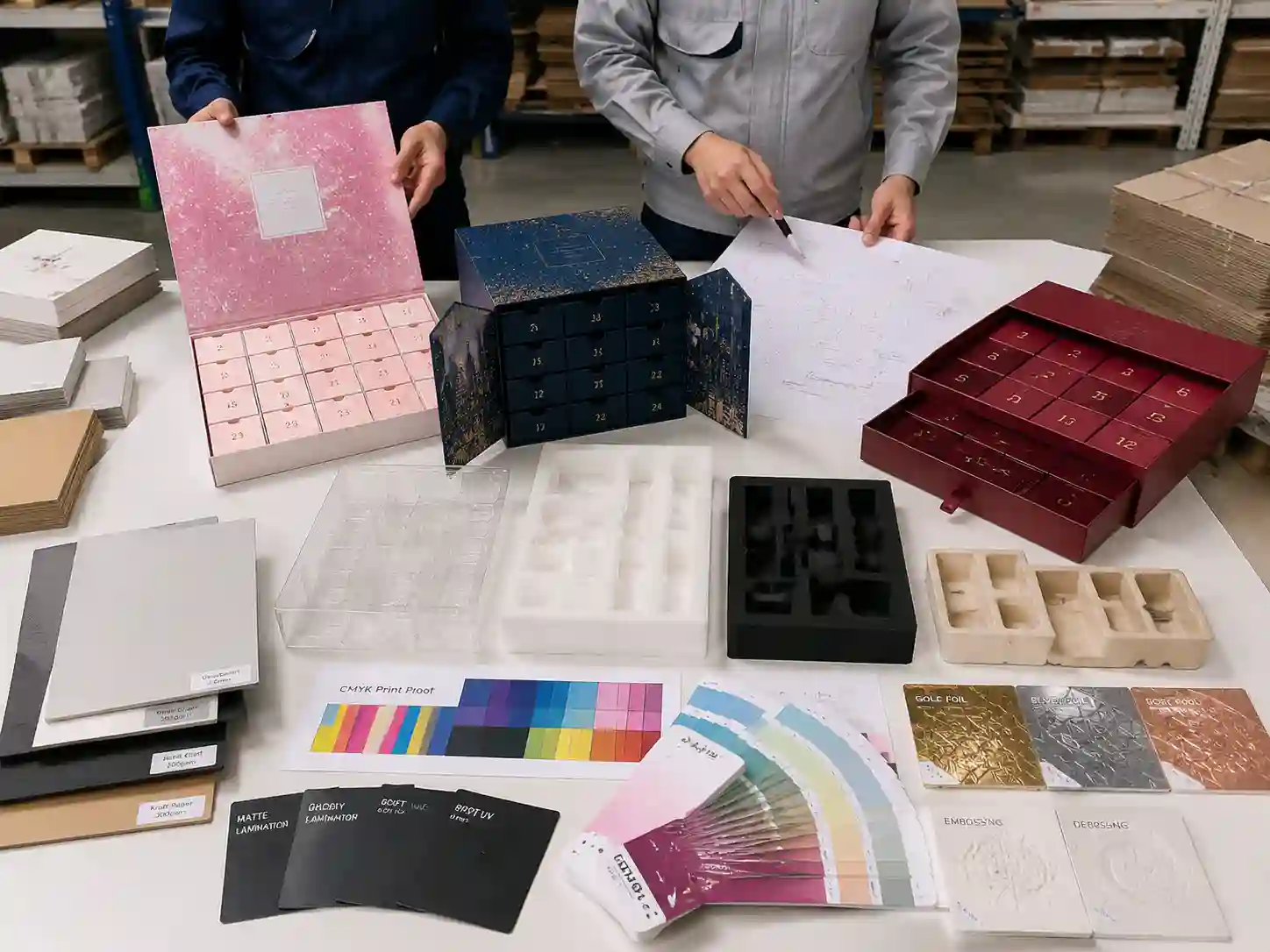 Packaging engineers developing makeup advent calendar box insert designs with samples and material tests