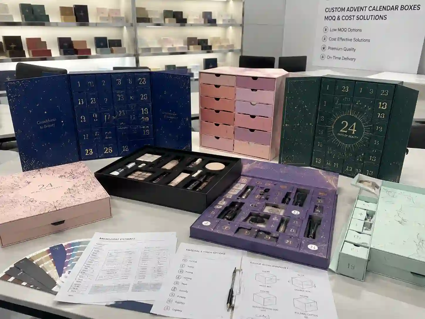 Makeup advent calendar box structures comparison with rigid boxes, drawer boxes, and folding cartons for B2B packaging buyers