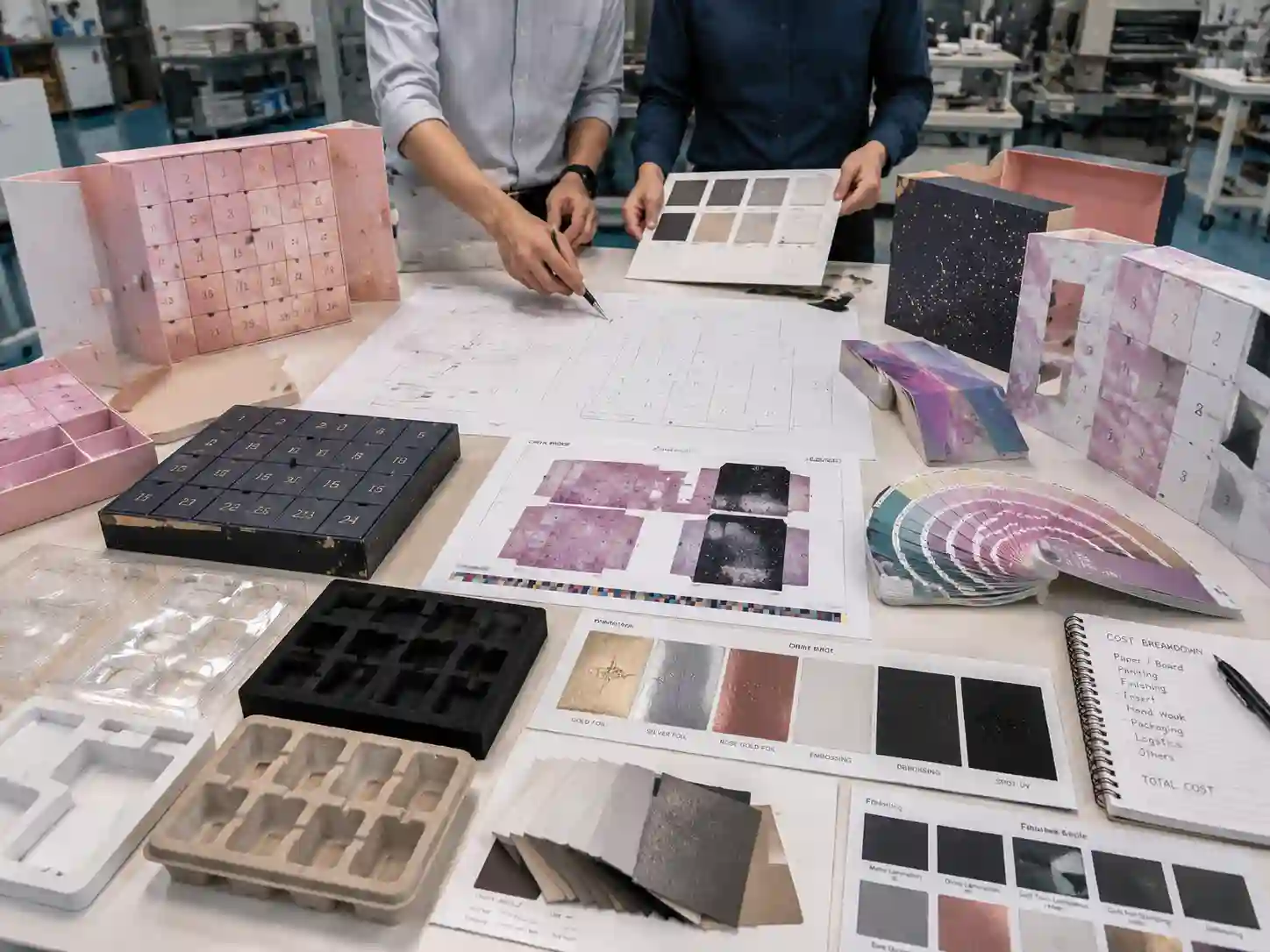 Packaging engineers developing makeup advent calendar boxes with dielines, inserts, materials, and printing samples