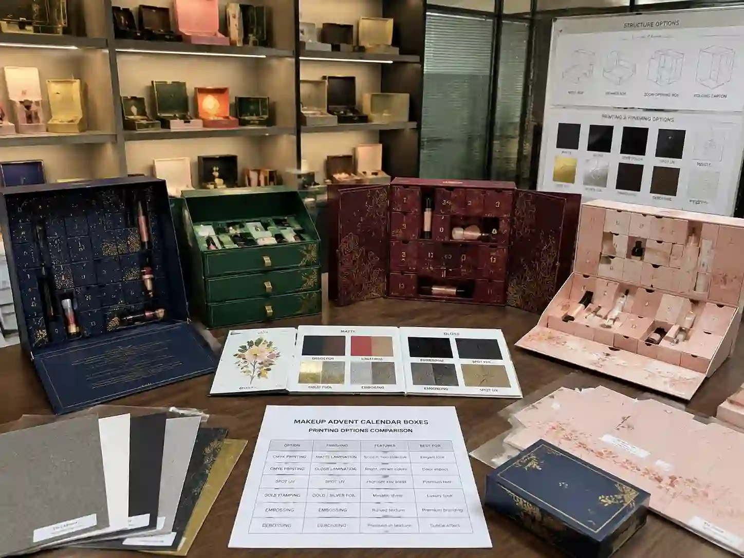 Makeup advent calendar boxes printing options comparison with printed rigid boxes drawer boxes and folding carton packaging samples