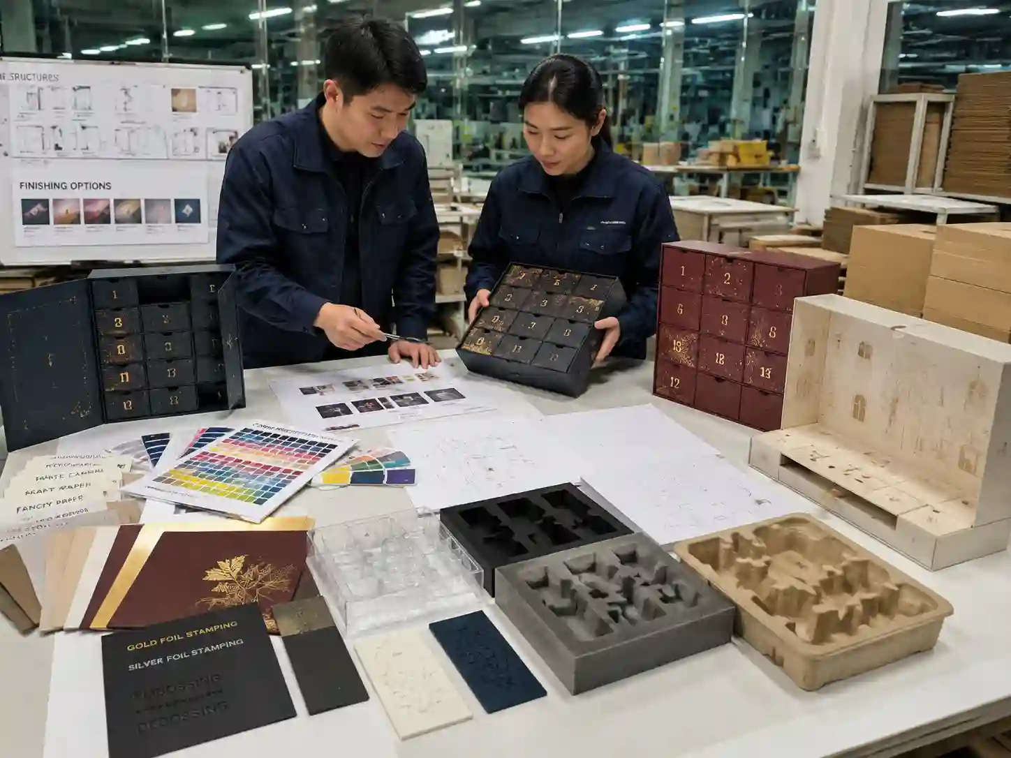Packaging engineers reviewing printing proofs materials and insert samples for makeup advent calendar boxes