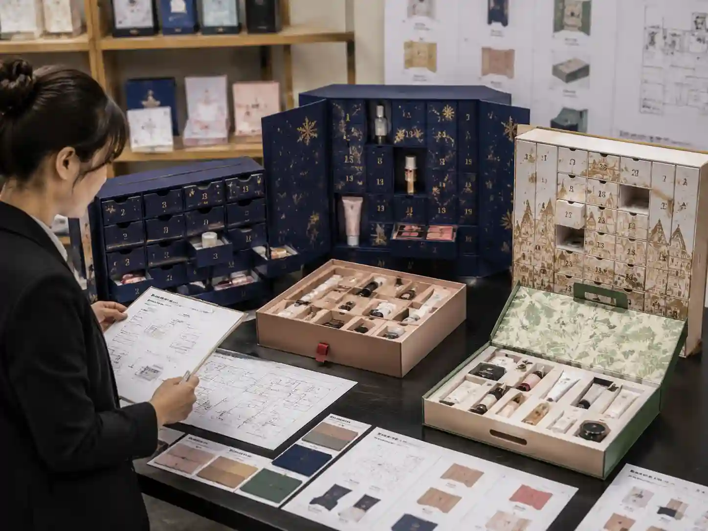 Makeup advent calendar box structure comparison with drawer, door-opening, rigid, and folding carton packaging samples for retail campaign planning