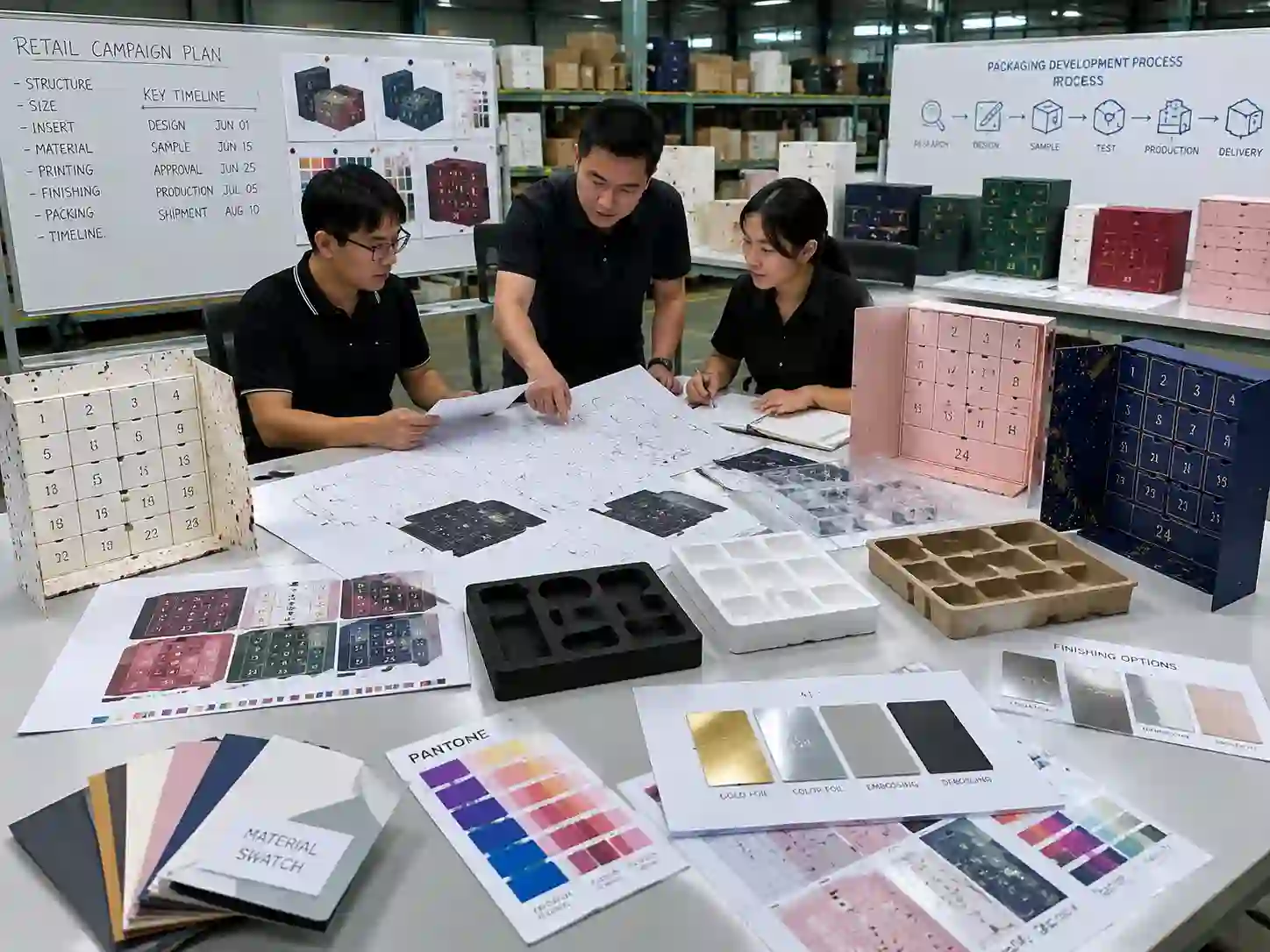 Packaging engineers reviewing makeup advent calendar box dielines, materials, inserts, and printing samples during development planning