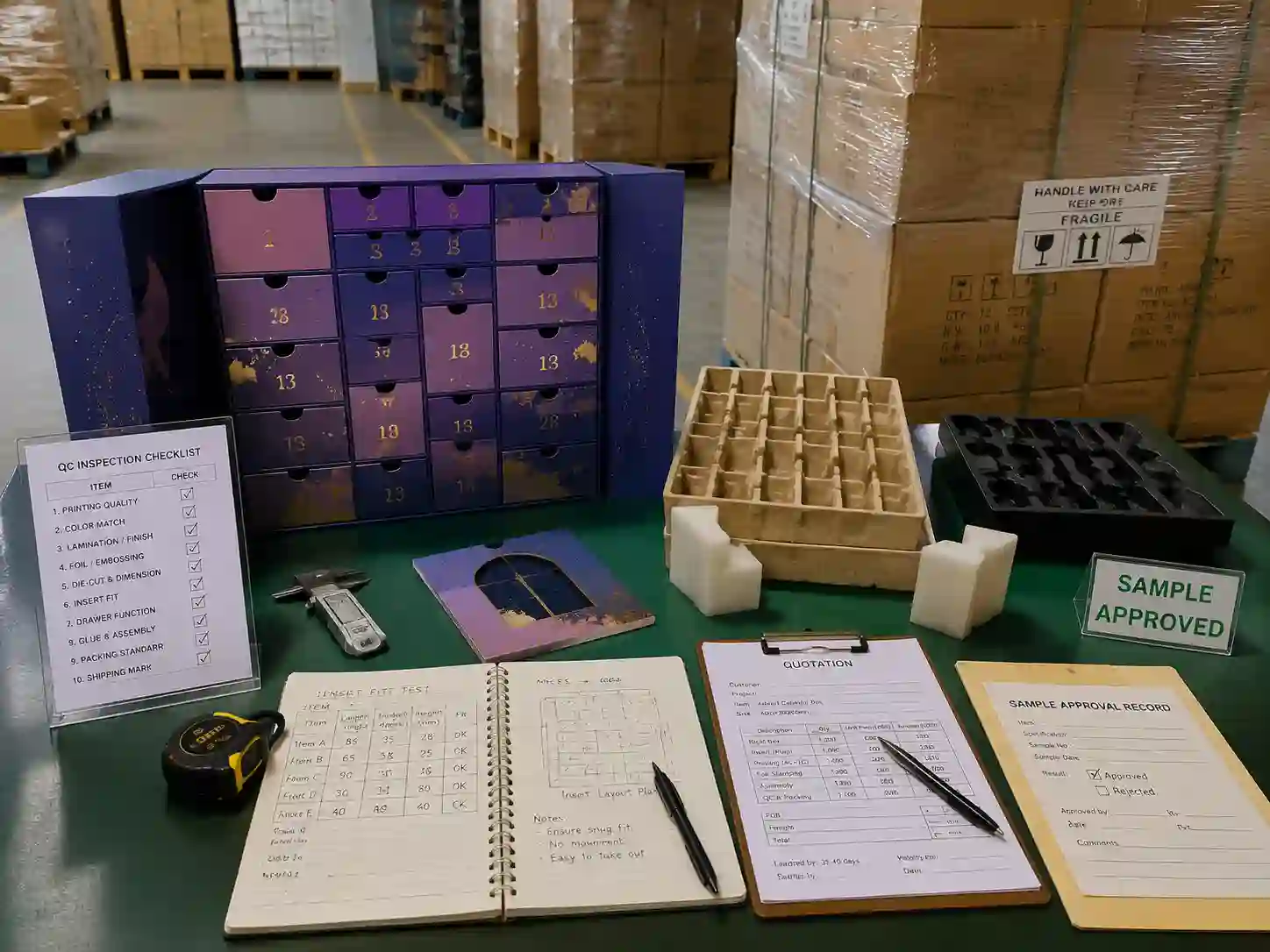 Quality control and export packing preparation for makeup advent calendar boxes including samples, inspection checklist, cartons, and shipping materials