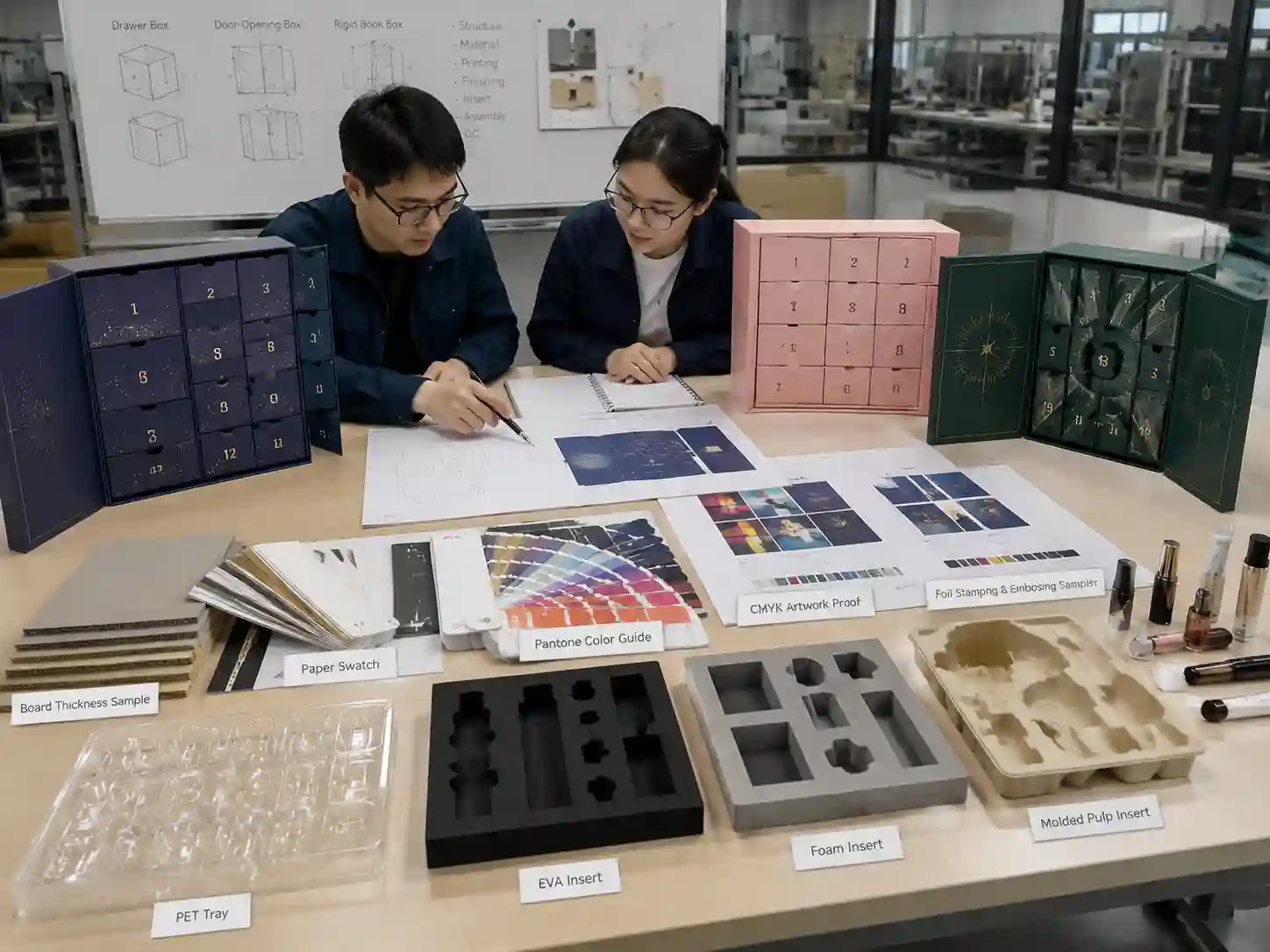 Makeup advent calendar boxes sampling process development with dielines materials and insert testing
