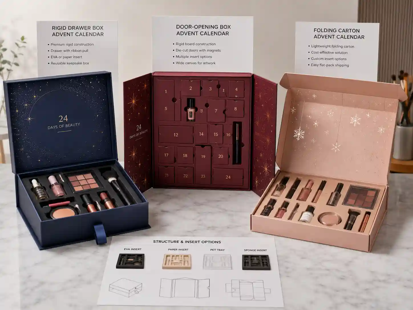 Finished makeup advent calendar boxes comparing rigid drawer, door-opening, and folding carton structures with cosmetic inserts