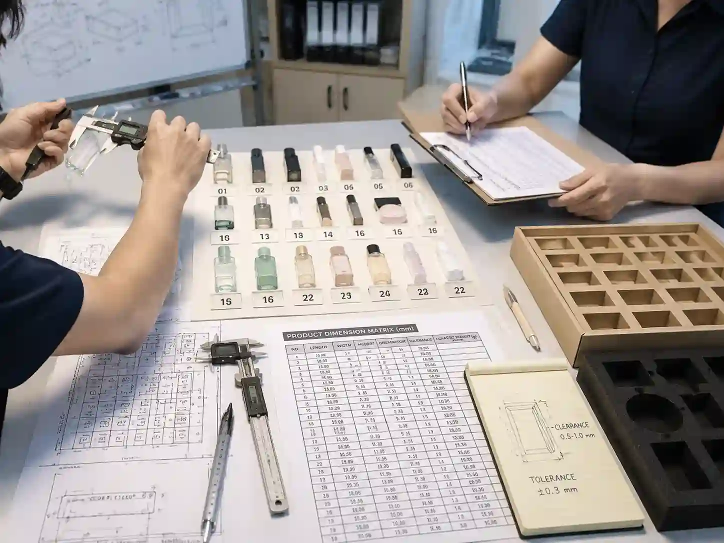 Packaging engineers measuring 24 products for a custom advent calendar insert using calipers, rulers, samples, and cavity drawings