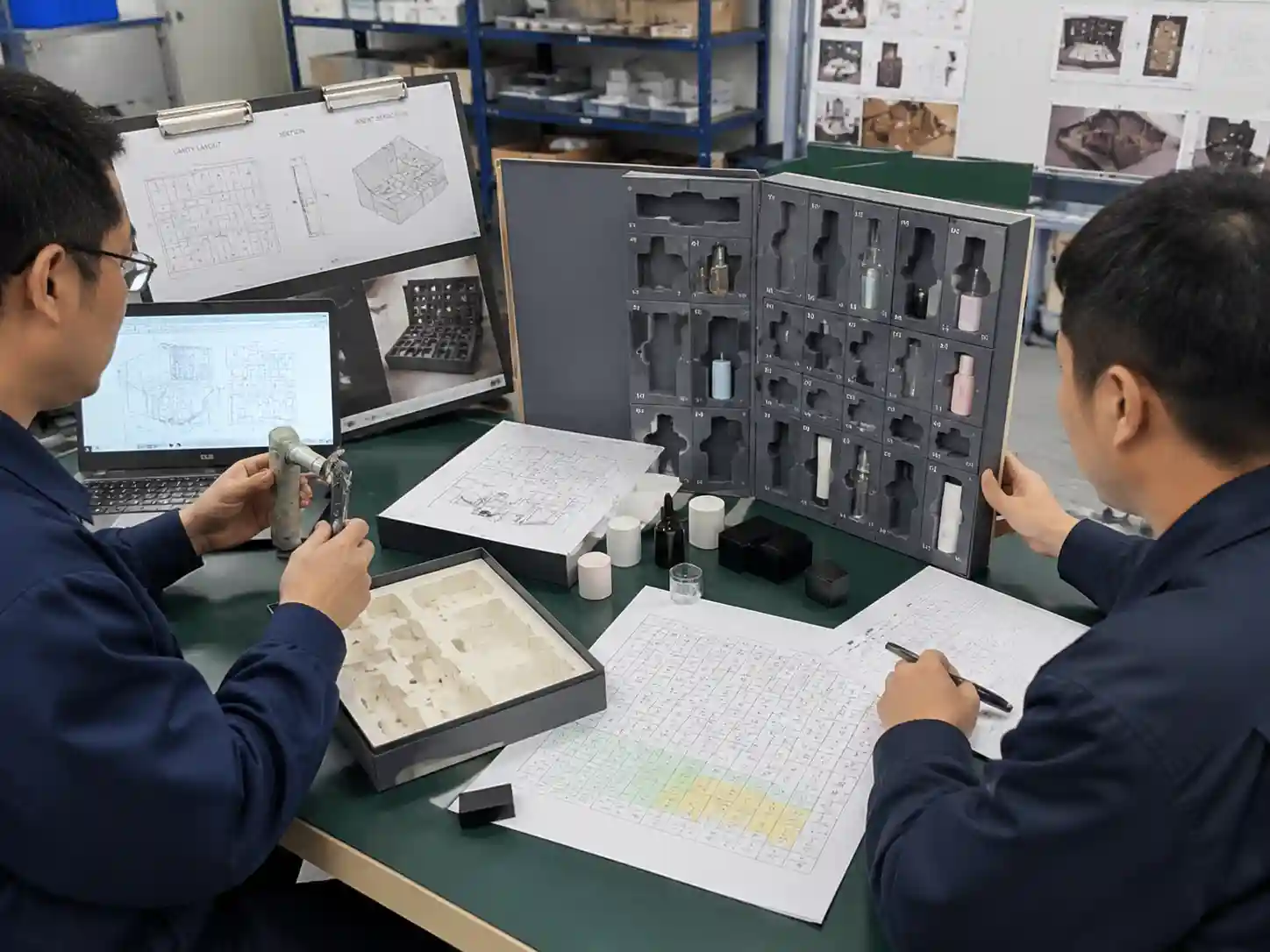 Packaging engineers validating advent calendar insert prototypes with cavity layouts, product samples, and measurement records