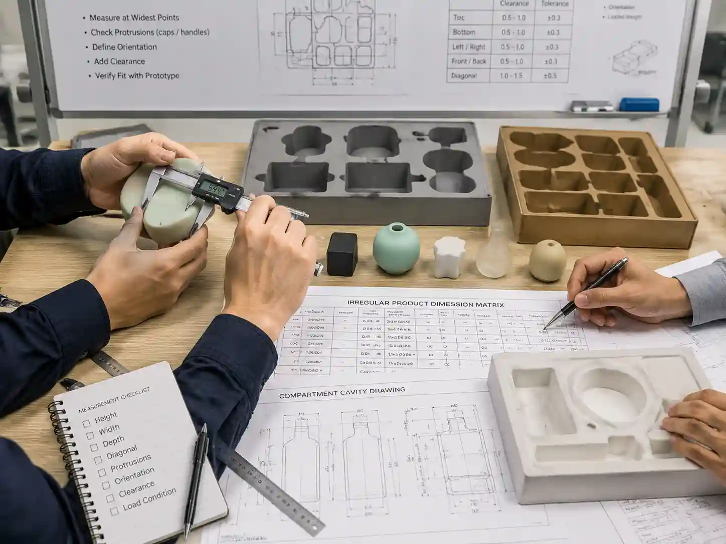 Packaging engineers measuring irregular products for advent calendar compartment dimensions using calipers, cavity drawings, and insert prototypes.