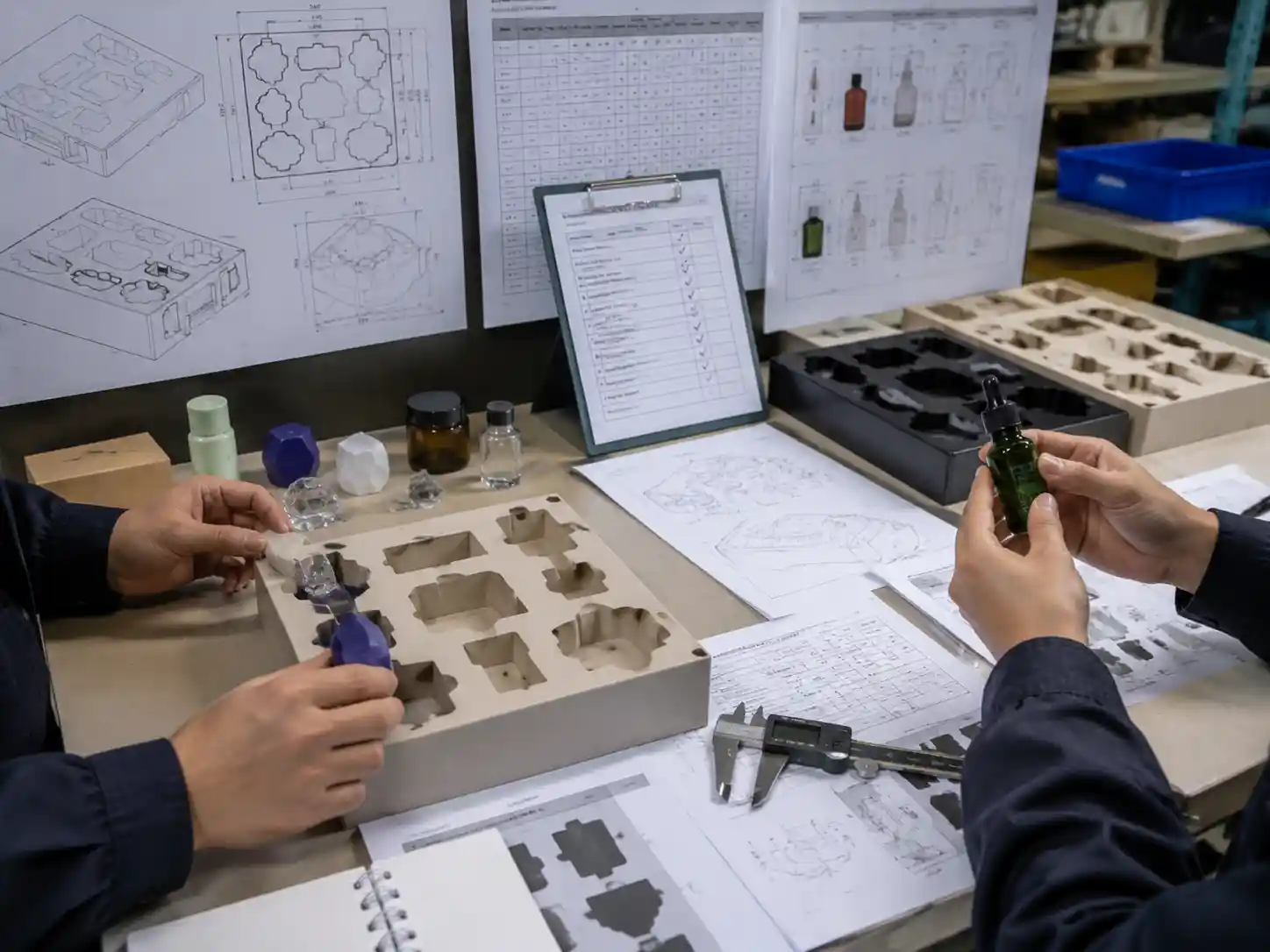 Packaging engineers validating irregular product fit with insert prototypes, cavity layouts, and tolerance records.