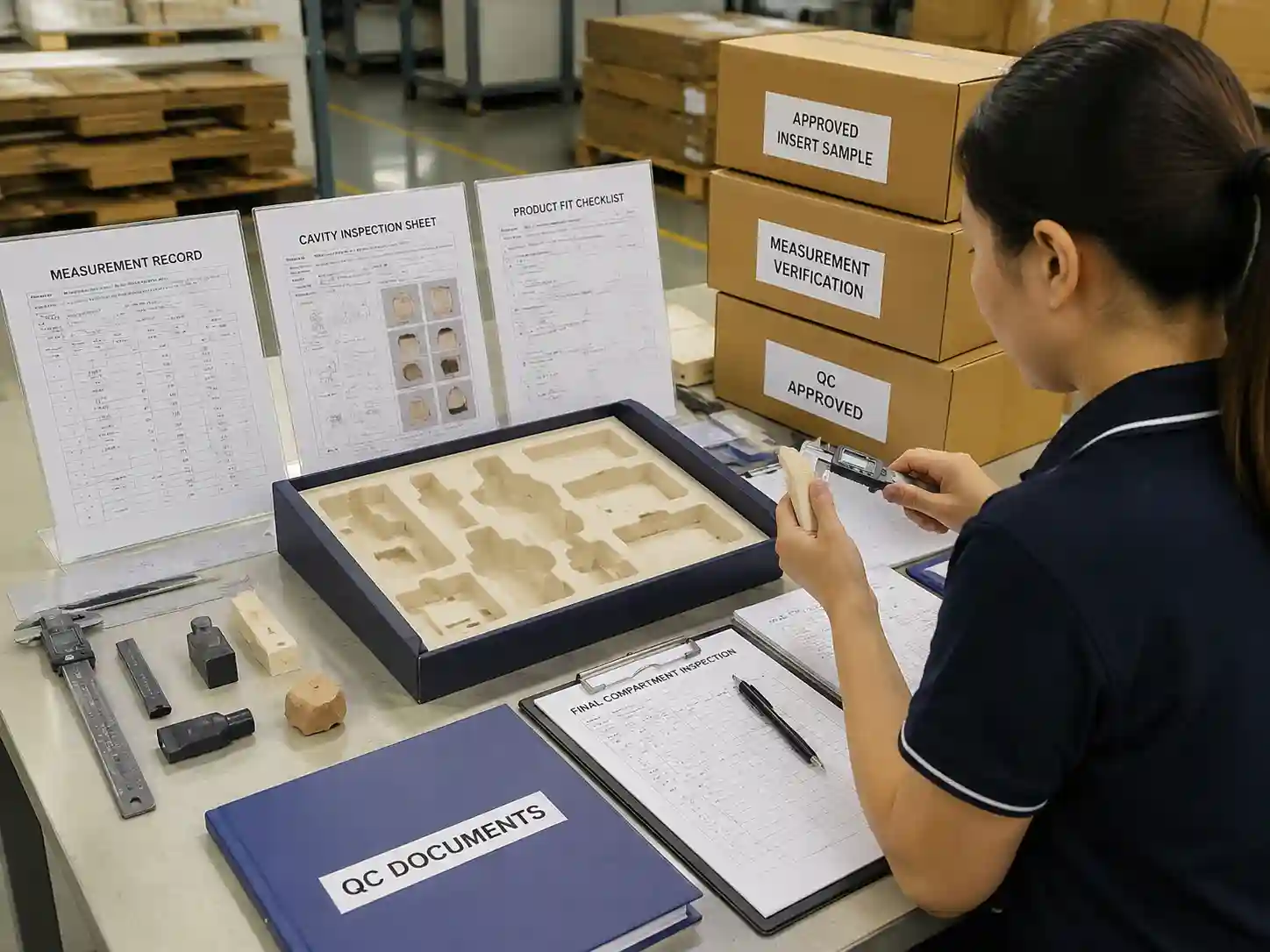 Quality control staff verifying irregular product compartment measurements with inspection records and approved packaging samples.