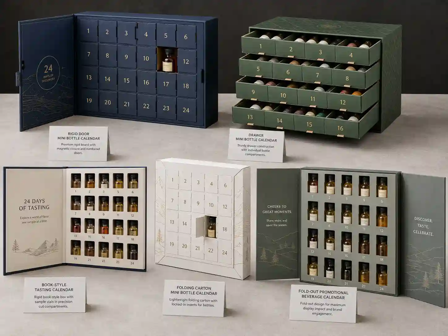 Finished mini bottle advent calendar boxes with different structures and fitted compartments for B2B packaging comparison