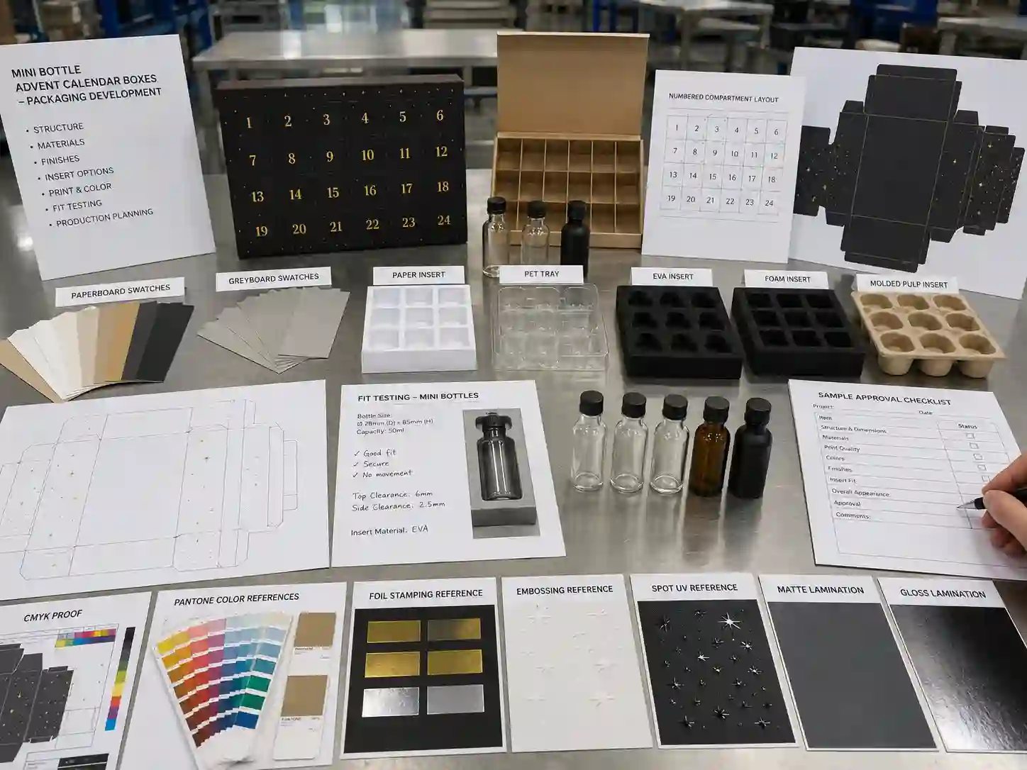 Mini bottle advent calendar box dieline, insert samples, material swatches, and artwork proof review on a factory table