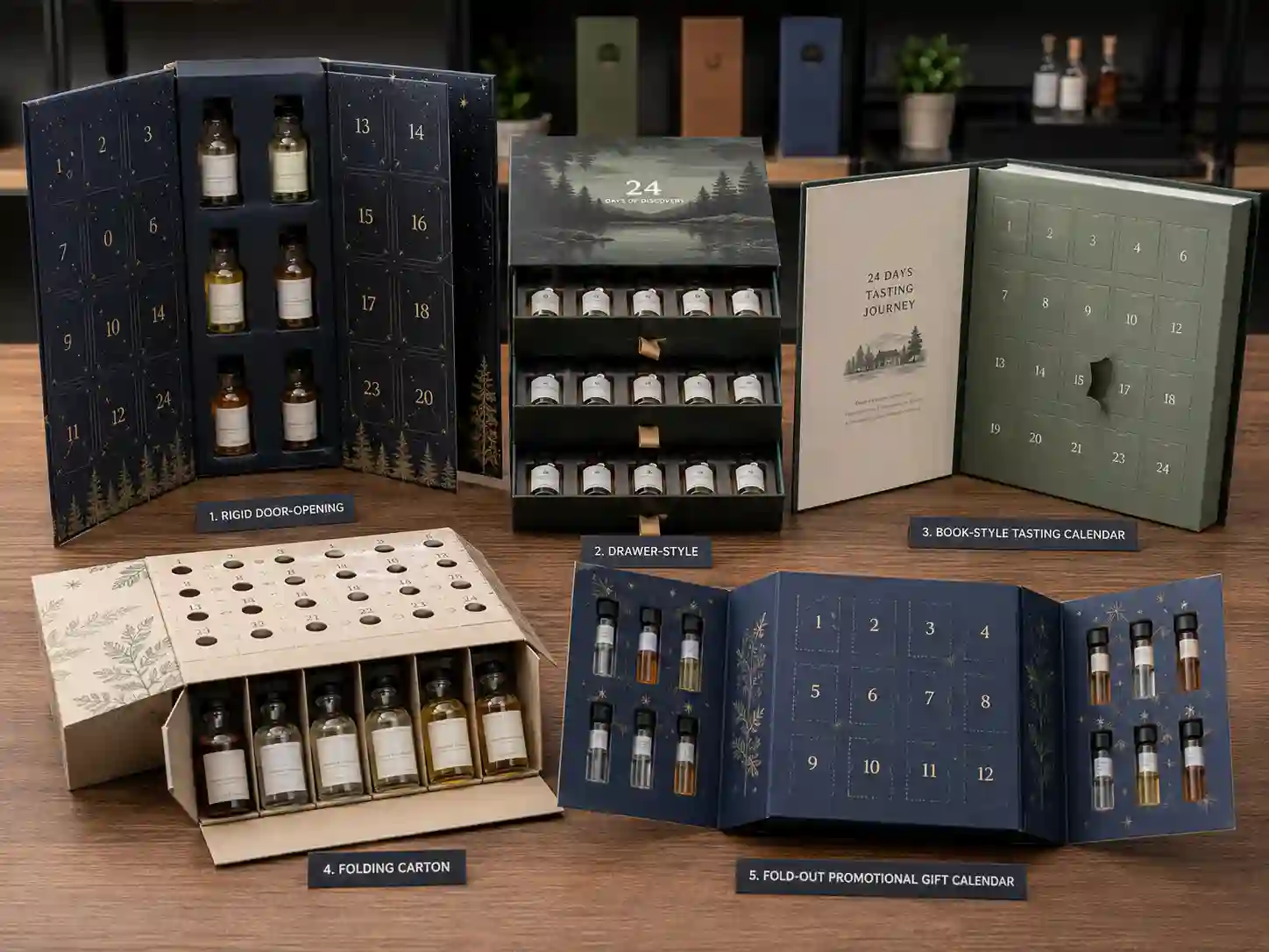 Finished mini bottle advent calendar box samples comparing rigid, drawer, book-style, folding carton, and fold-out structures with fitted bottle compartments