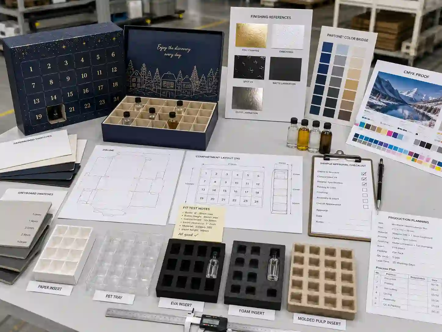 Factory planning table for mini bottle advent calendar boxes with dielines, insert samples, material swatches, printing proofs, and sample approval notes