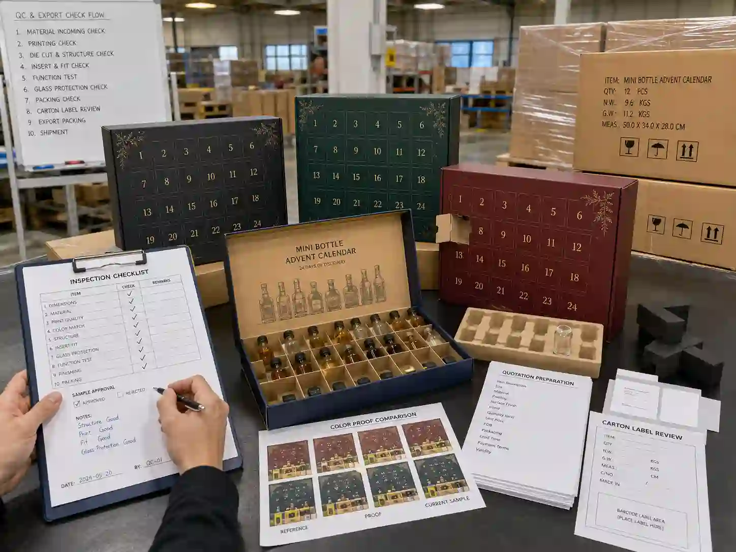 QC and export packing review for mini bottle advent calendar boxes with inspection checklist, loaded bottle fit test, export cartons, and shipping marks