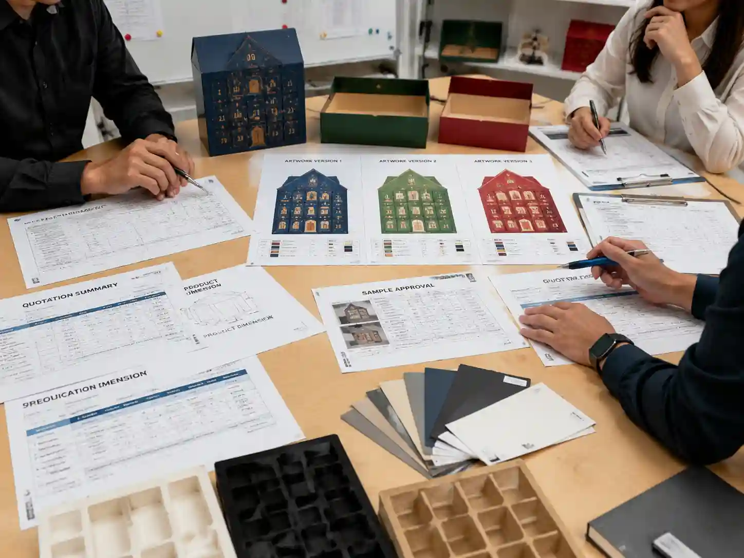 Packaging buyers reviewing multiple artwork versions and quotation documents for advent calendar box production requirements
