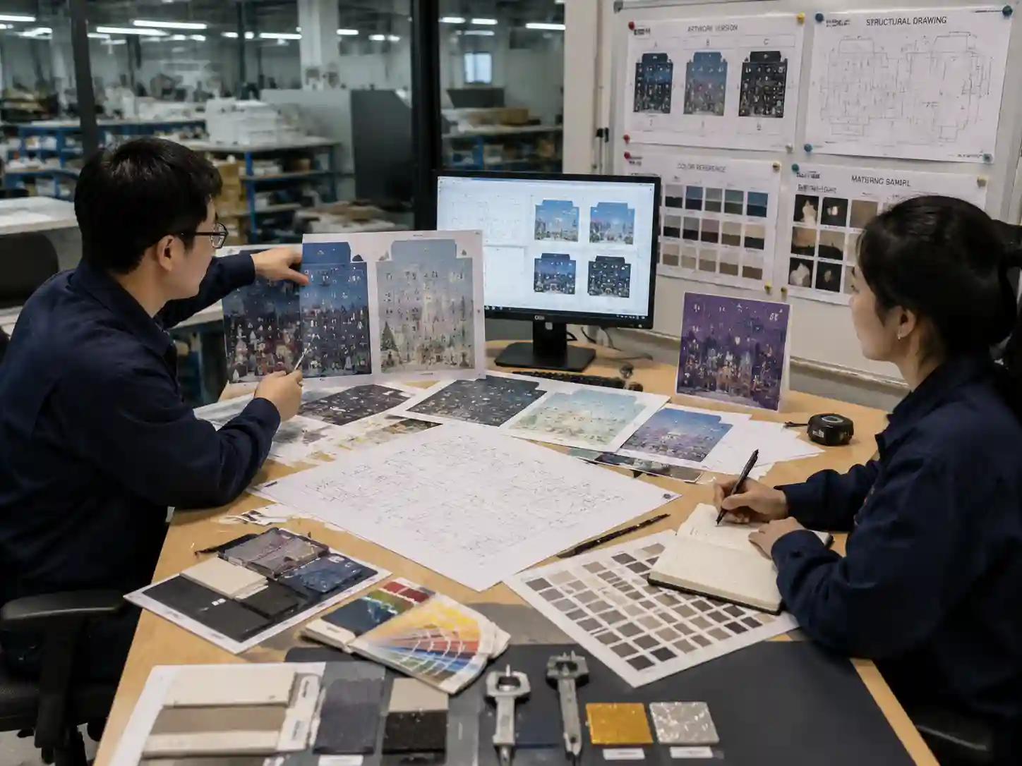 Packaging engineers checking artwork versions, technical drawings, and production preparation documents for quotation control