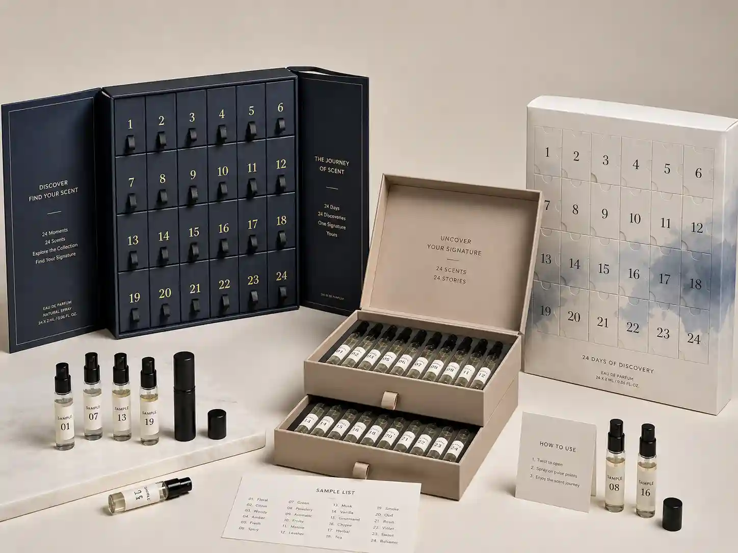 Perfume sample advent calendar boxes with rigid, drawer, and folding carton structures for B2B packaging comparison