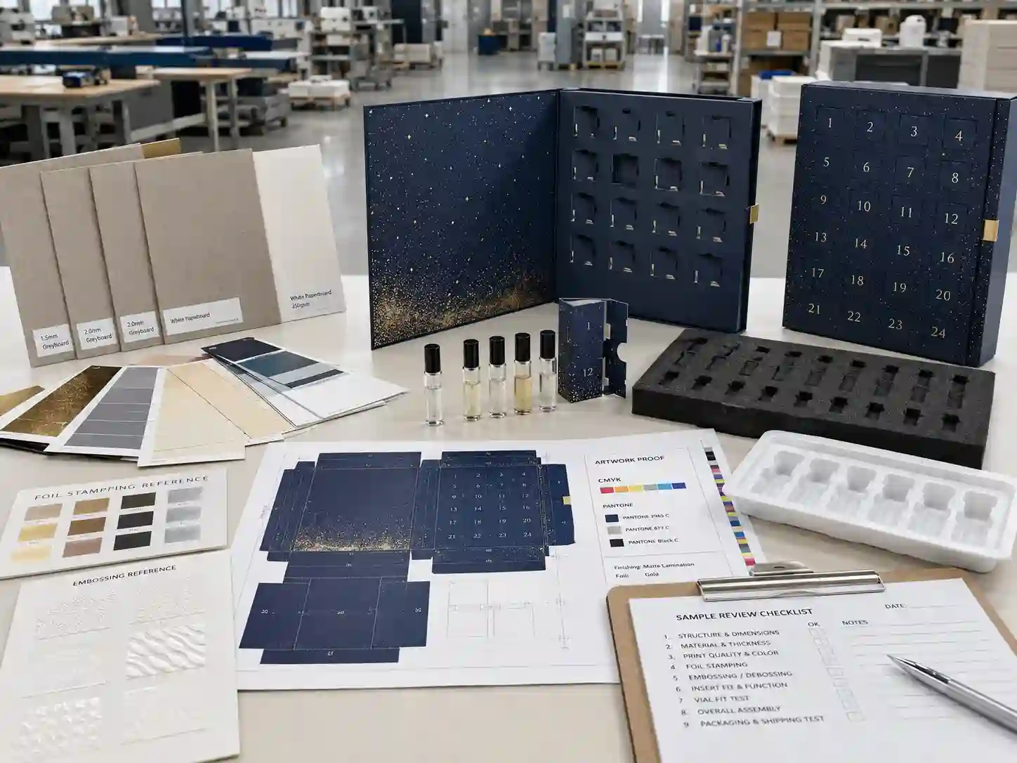 Production planning table for perfume sample advent calendar boxes with dielines, inserts, material swatches, and artwork proof