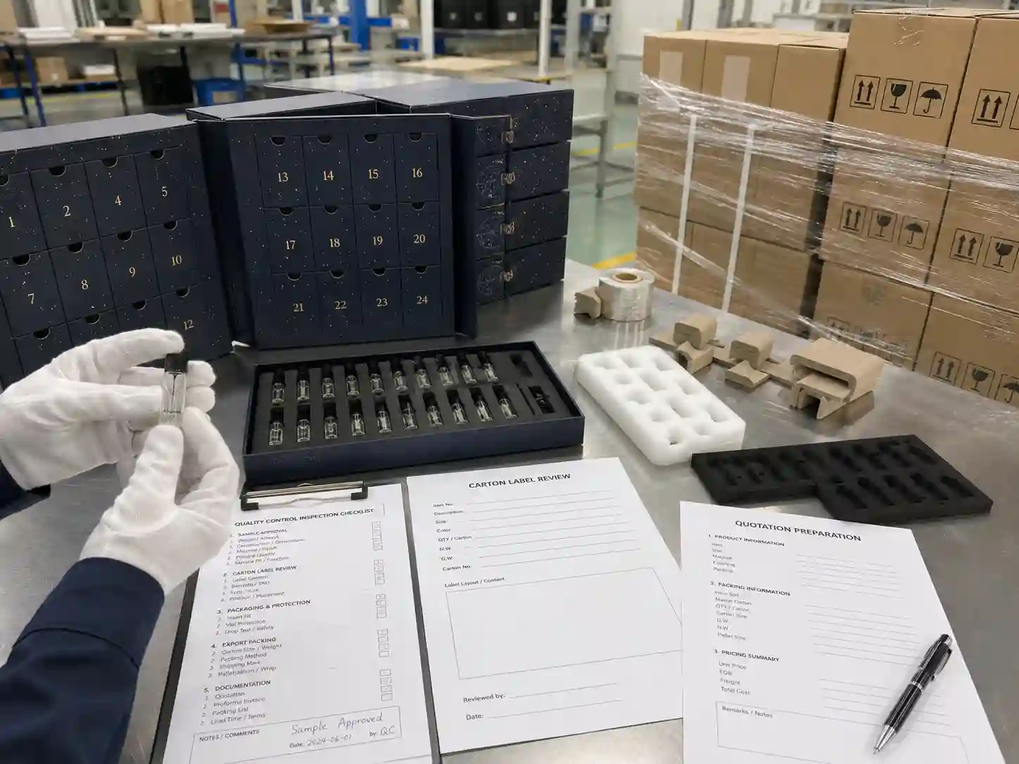 QC and export packing inspection for perfume sample advent calendar boxes with cartons, labels, and pallet protection