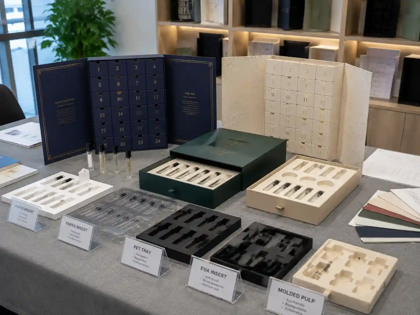 Perfume sample advent calendar boxes insert design comparison showing rigid drawer and door-opening structures with protective vial inserts