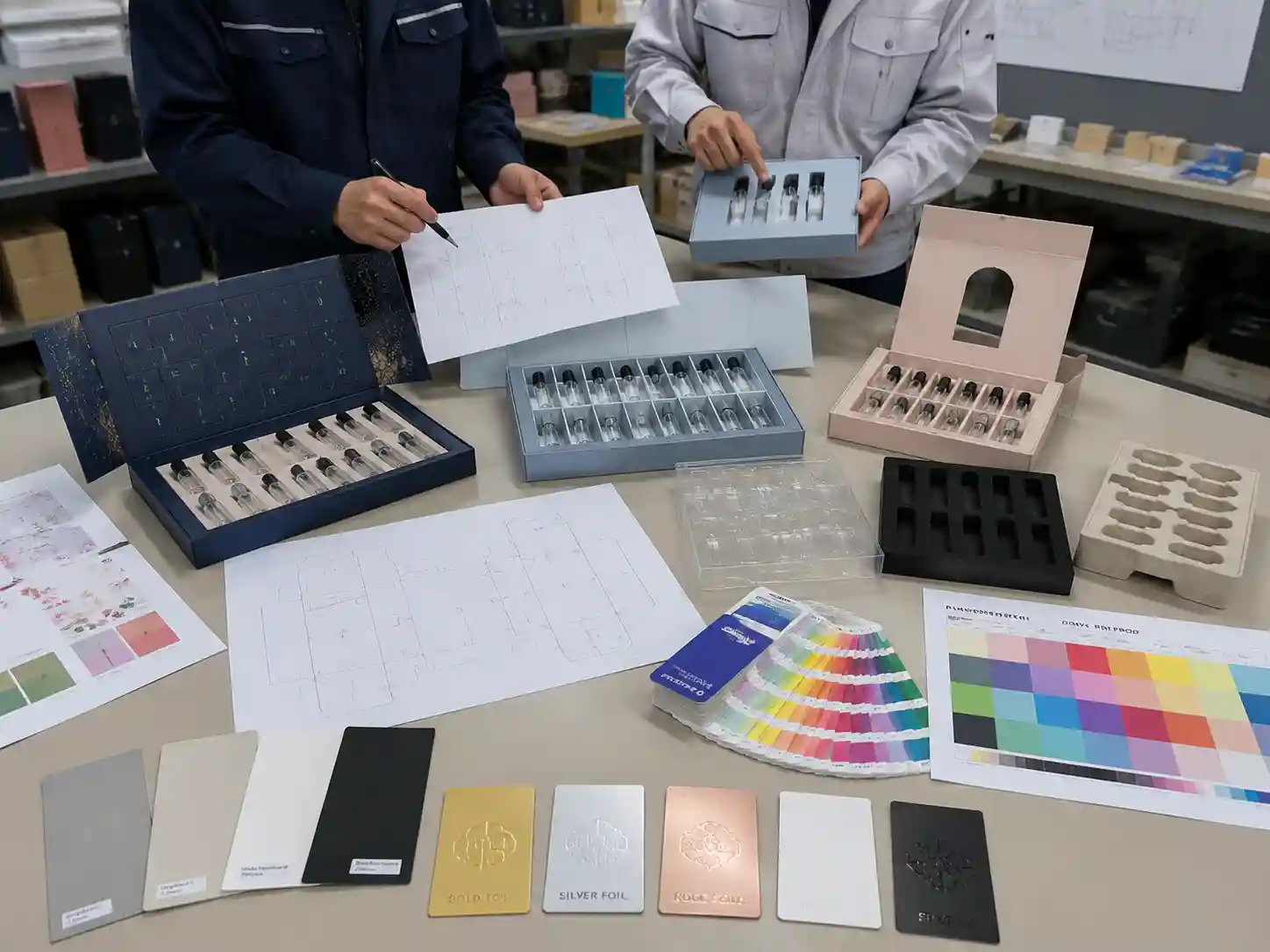 Packaging engineers reviewing perfume sample advent calendar box insert materials and artwork proof samples
