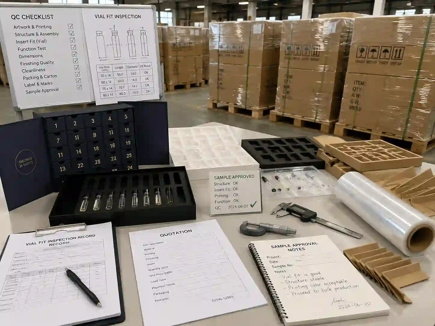 QC inspection and export packing preparation for perfume sample advent calendar boxes with insert testing records