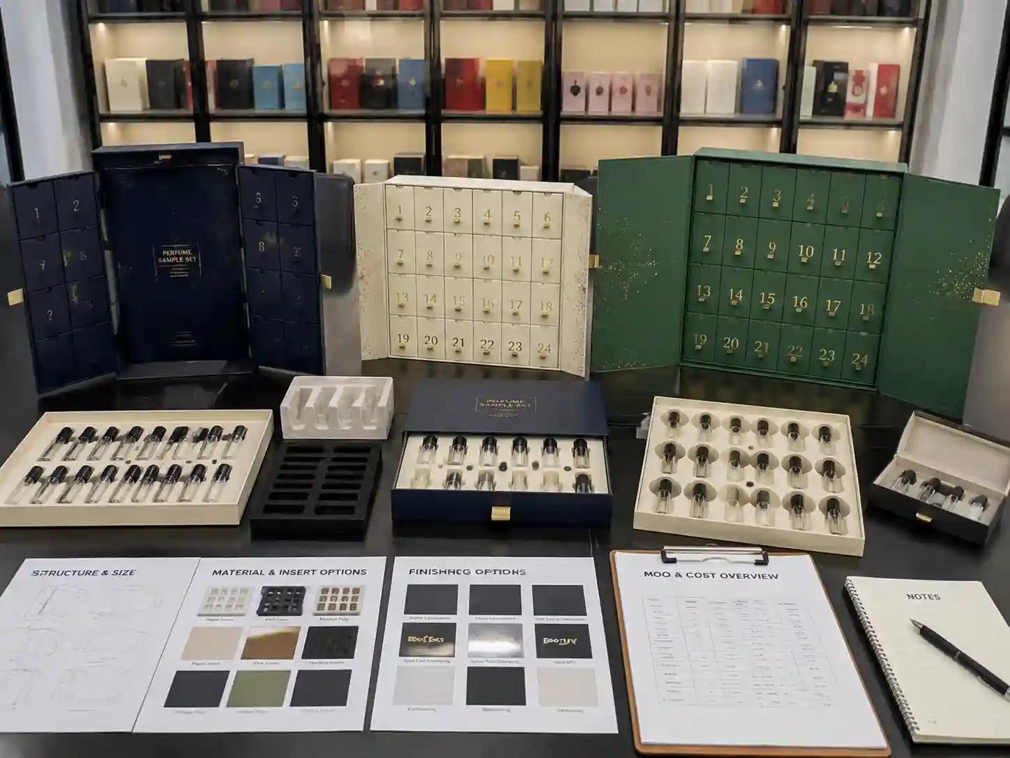B2B comparison of perfume sample advent calendar box structures with inserts and vial compartments