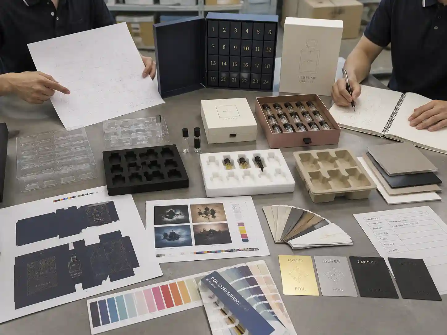 Packaging engineers developing perfume sample advent calendar boxes with dielines and insert materials