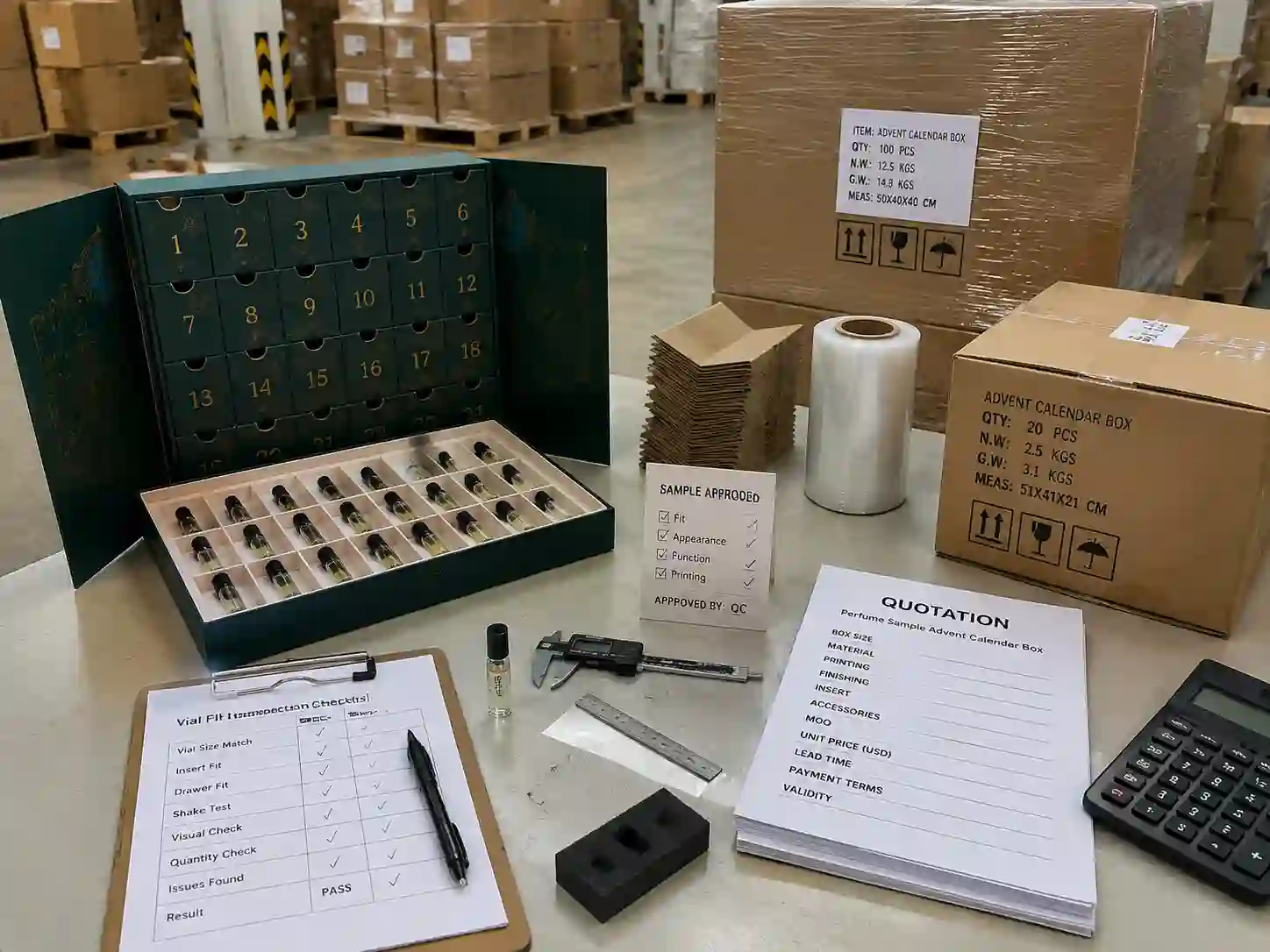 QC and export packing preparation for perfume sample advent calendar boxes with inspection documents