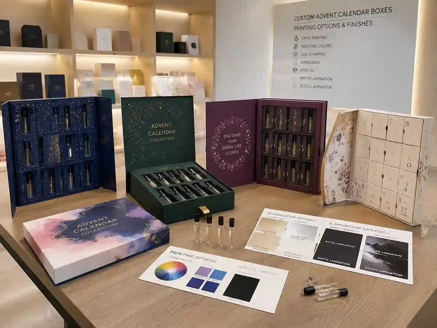 Perfume sample advent calendar boxes printing options comparison showing rigid, drawer, door-opening, and folding carton structures for B2B buyers