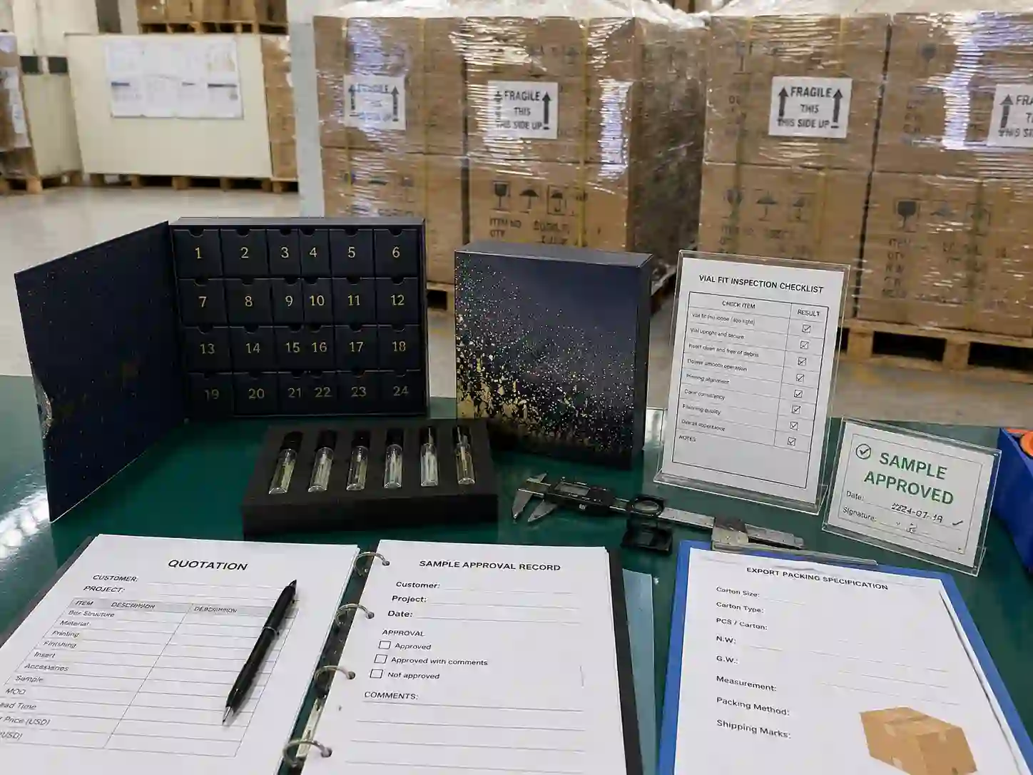 QC inspection and export packing preparation for perfume sample advent calendar boxes with quotation documents and shipping protection
