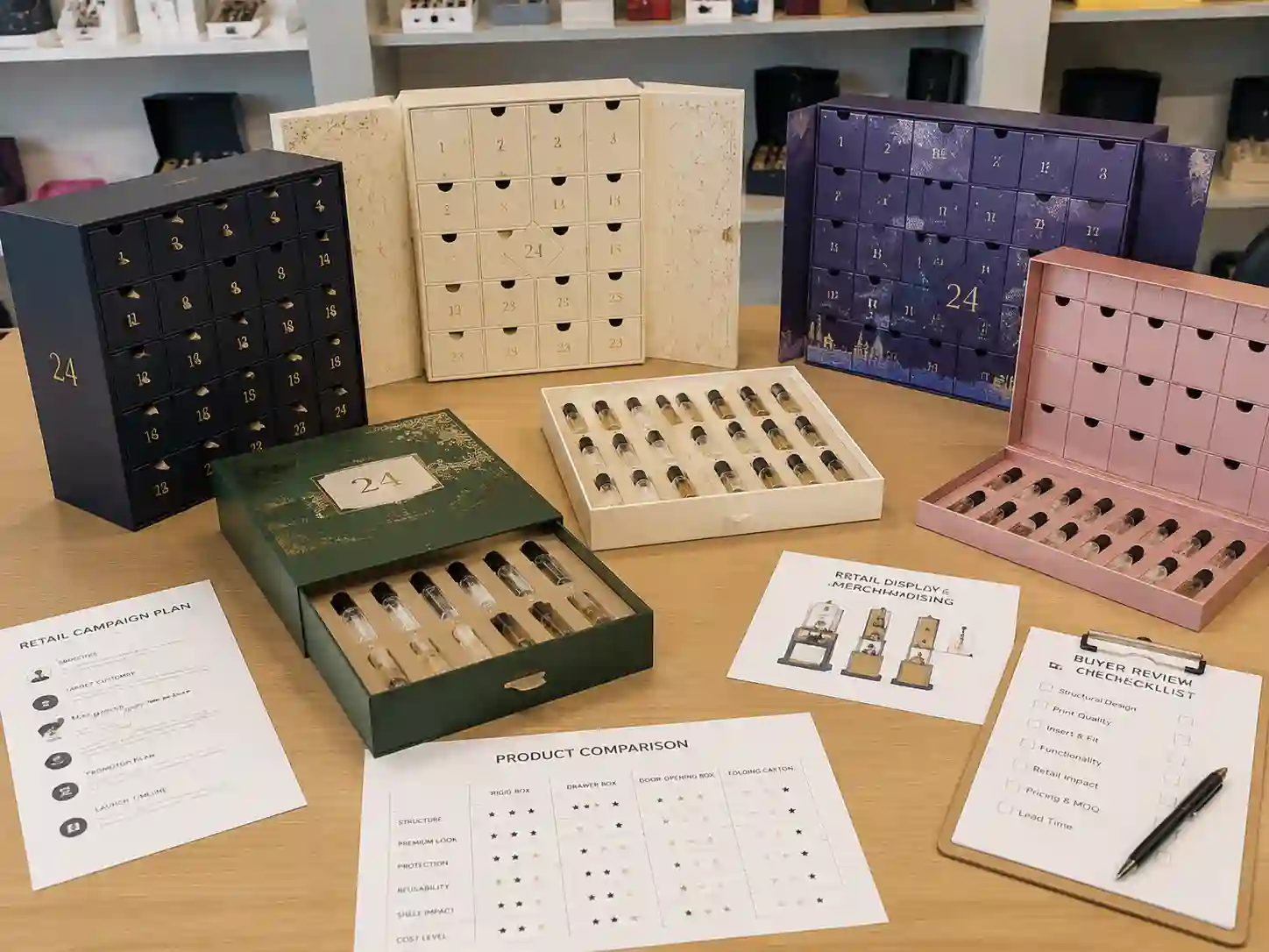 Perfume sample advent calendar box retail campaign planning comparison with rigid drawer door-opening and folding carton packaging samples
