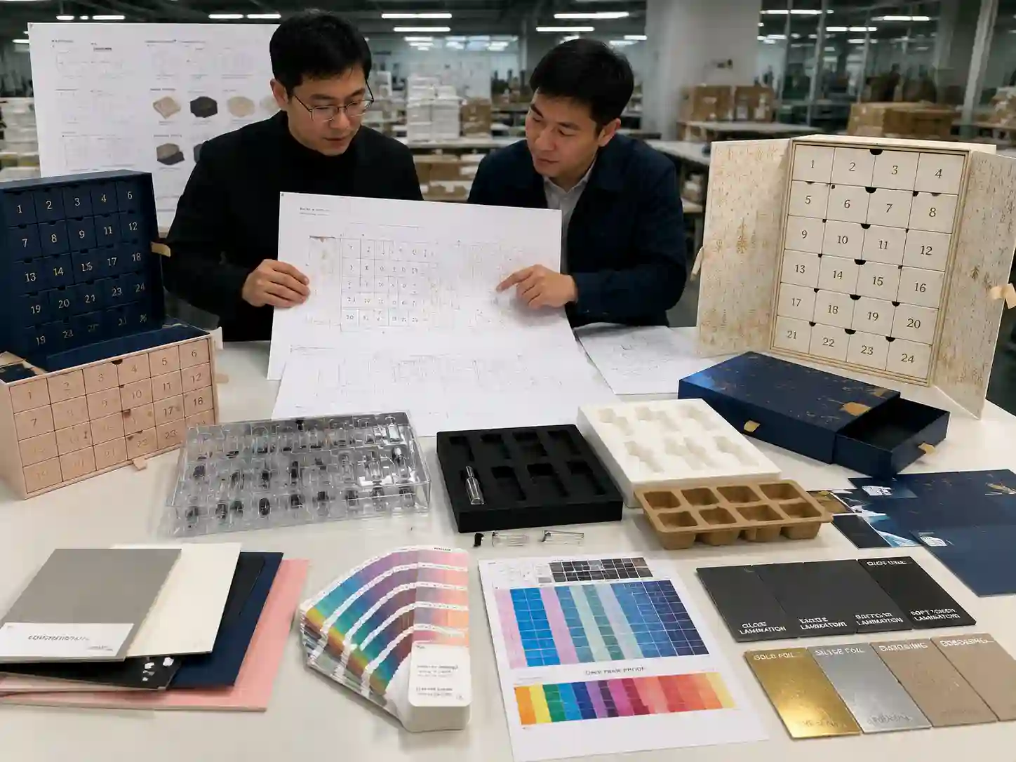 Perfume sample advent calendar box development process with dielines materials inserts printing proofs and prototype review