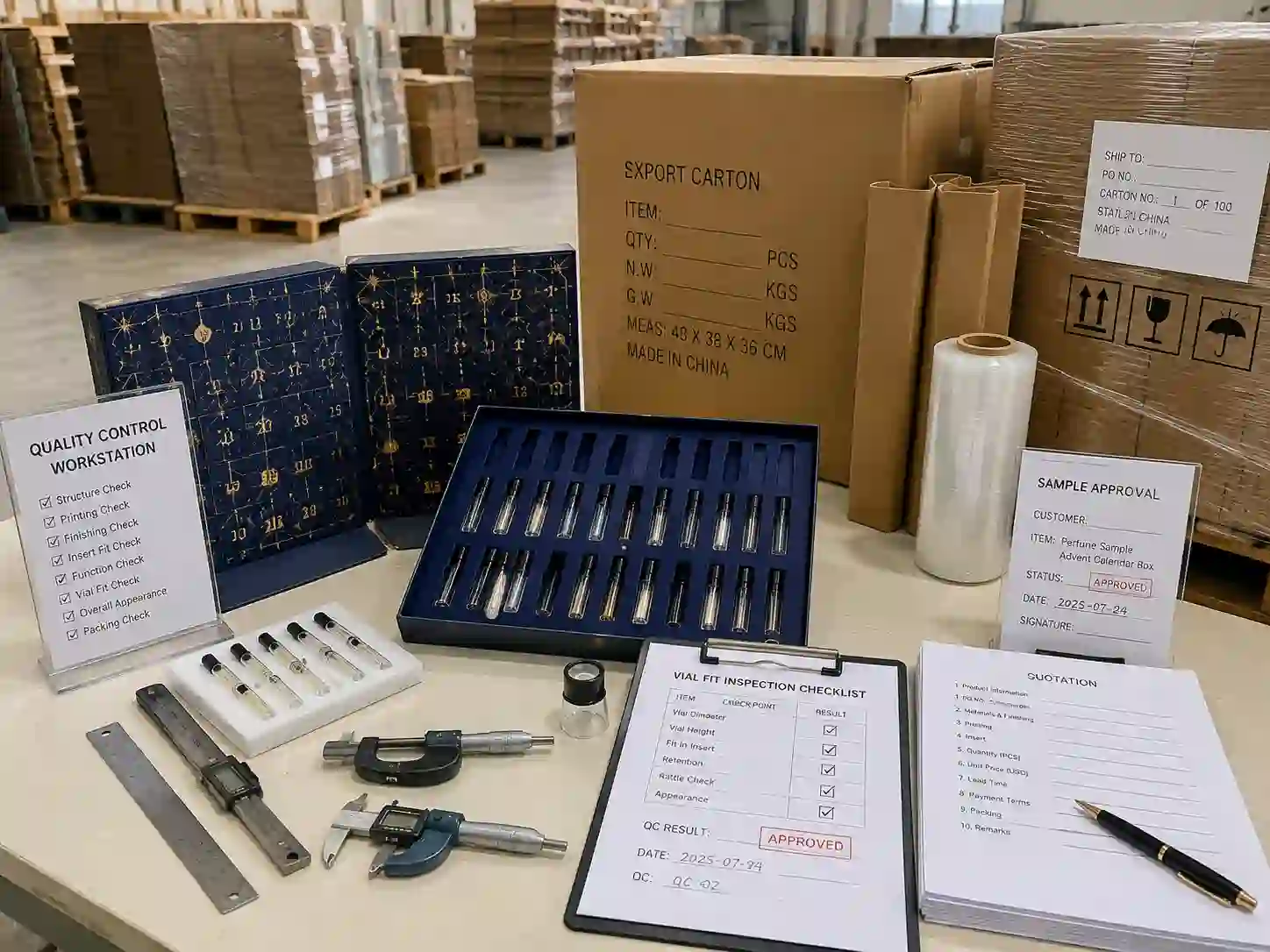 Perfume sample advent calendar box QC inspection export packing and quotation preparation workstation